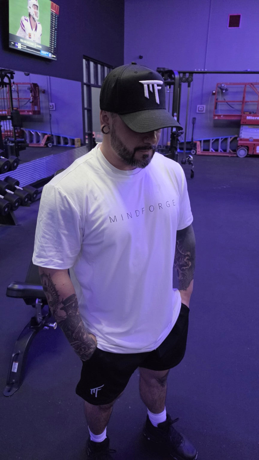 MindForge white Essential Tee with MF snapback and mesh shorts